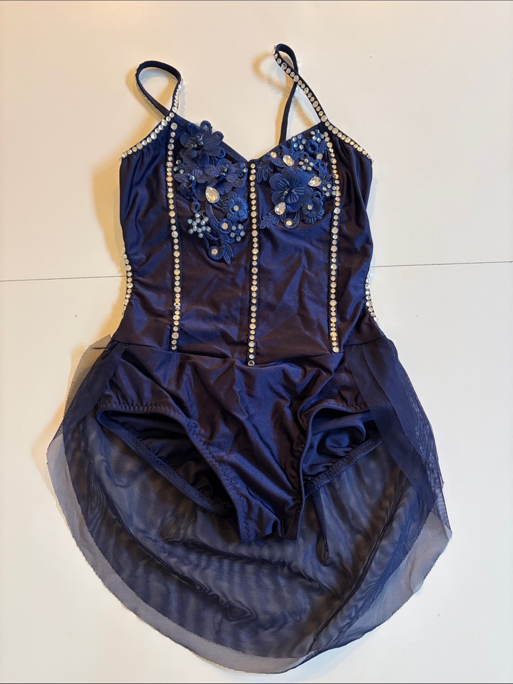 Navy Floral Rhinestone Girls' Dance Costume